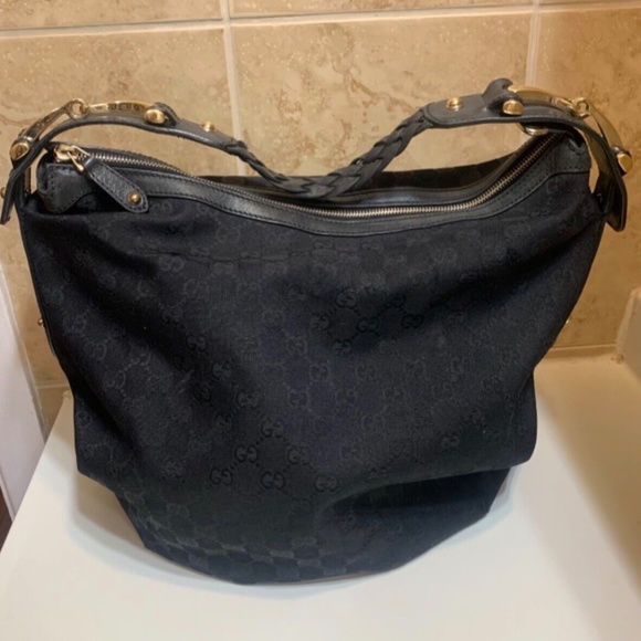 Gucci Monogram GG Black Horsebit handle Canvas Material Hobo Bag large - Picture 1 of 9